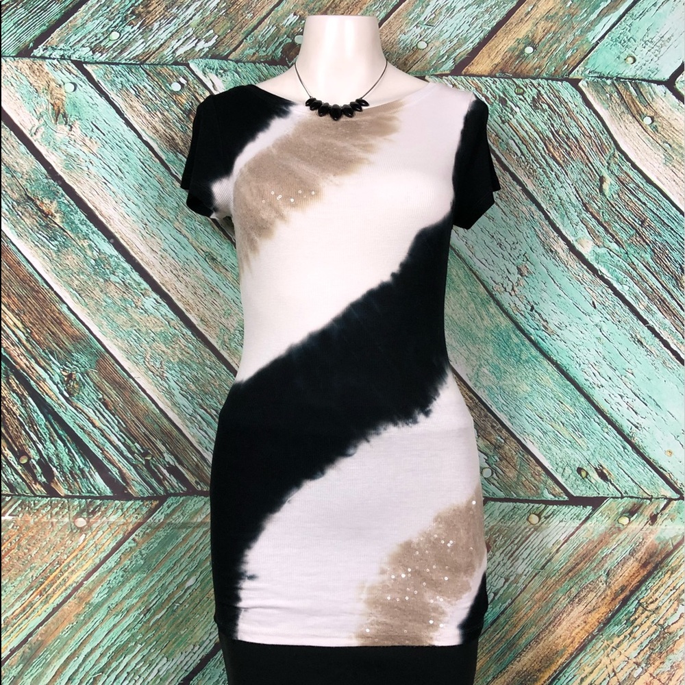 A3 - INC Ribbed Knit Tee W/Sequin Black and Tan Tye Dye - S